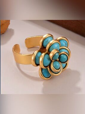 Gold Plated Turquoise Cabochon Open Ring NWT